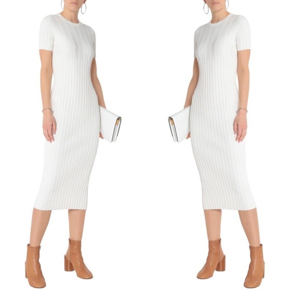 Helmut Lang Rib Knit Bodycon Midi Dress Open Back Short Sleeve Ivory Size Medium